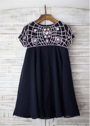 Beaded Short Sleeves Navy Blue Chiffon Knee Length Flower Girl Dress
